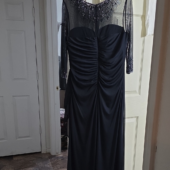 Alex Evenings Navy Blue Long Sleeve Dress with Beaded Neckline - Picture 4 of 6